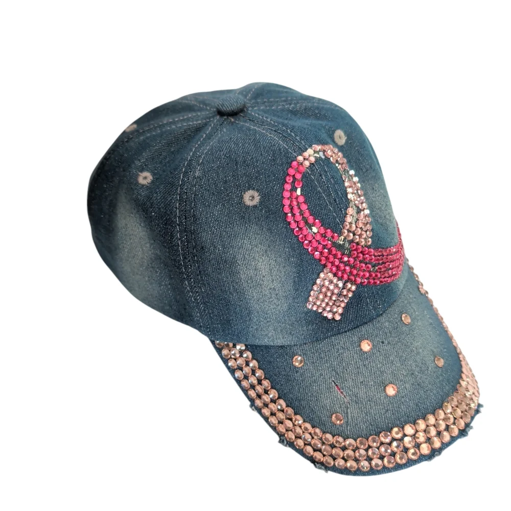 Distressed Pink Ribbon Breast Cancer Awareness Blue Denim Cap